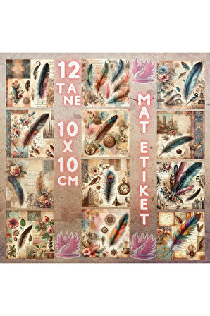 Renkli Tüyler Temalı Vintage 12 Adet Scrapbook Bullet Journal Mat Planlayıcı Sticker Etiket Seti