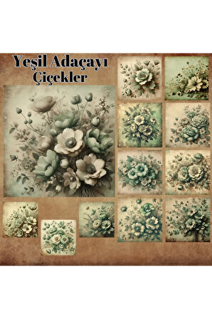 Yeşil Adaçayı Temalı Vintage 12 Adet Scrapbook Bullet Journal Mat Planlayıcı Sticker Etiket Seti