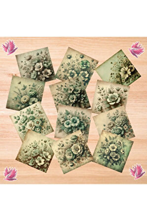 Yeşil Adaçayı Temalı Vintage 12 Adet Scrapbook Bullet Journal Mat Planlayıcı Sticker Etiket Seti