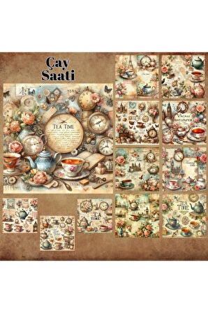 Çay Saati Temalı Vintage 12 Adet Scrapbook Bullet Journal Mat Planlayıcı Sticker Etiket Seti