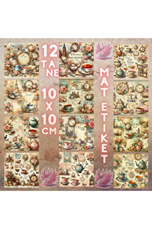 Çay Saati Temalı Vintage 12 Adet Scrapbook Bullet Journal Mat Planlayıcı Sticker Etiket Seti