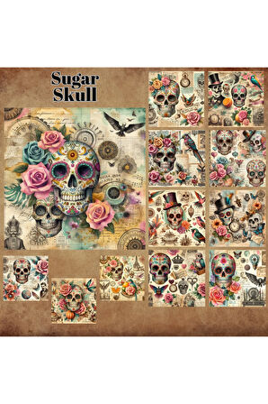 Sugar Skull Vintage 12 Adet Scrapbook Bullet Journal Mat Planlayıcı Sticker Etiket Seti