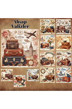 Ahşap Valizler Vintage 12 Adet Scrapbook Bullet Journal Mat Planlayıcı Sticker Etiket Seti