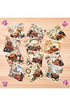 Ahşap Valizler Vintage 12 Adet Scrapbook Bullet Journal Mat Planlayıcı Sticker Etiket Seti