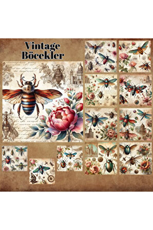 Böcekler Vintage 12 Adet Scrapbook Bullet Journal Mat Planlayıcı Sticker Etiket Seti