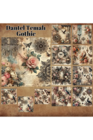 Dantelli Gothic Temalı Vintage 12 Adet Scrapbook Bullet Journal Mat Planlayıcı Sticker Etiket Seti