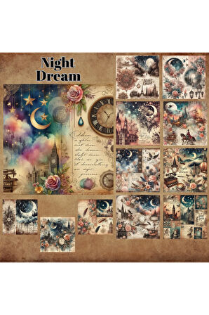 Night Dream Vintage 12 Adet Scrapbook Bullet Journal Mat Planlayıcı Sticker Etiket Seti