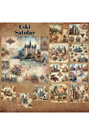 Eski Şatolar Vintage 12 Adet Scrapbook Bullet Journal Mat Planlayıcı Sticker Etiket Seti