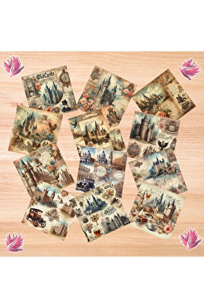 Eski Şatolar Vintage 12 Adet Scrapbook Bullet Journal Mat Planlayıcı Sticker Etiket Seti