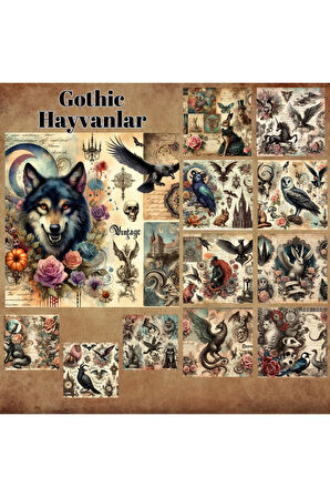 Gothic Hayvanlar Vintage 12 Adet Scrapbook Bullet Journal Mat Planlayıcı Sticker Etiket Seti