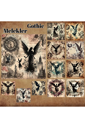 Gothic Melek Silüetleri Vintage 12 Adet Scrapbook Bullet Journal Mat Planlayıcı Sticker Etiket Seti