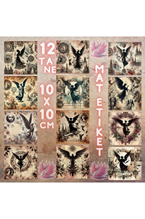 Gothic Melek Silüetleri Vintage 12 Adet Scrapbook Bullet Journal Mat Planlayıcı Sticker Etiket Seti