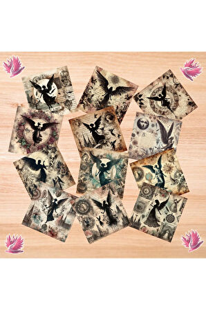 Gothic Melek Silüetleri Vintage 12 Adet Scrapbook Bullet Journal Mat Planlayıcı Sticker Etiket Seti