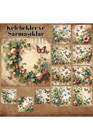 Kelebekler Ve Sarmaşıklar Vintage 12 Adet Scrapbook Bullet Journal Mat Planlama Sticker Etiket Seti