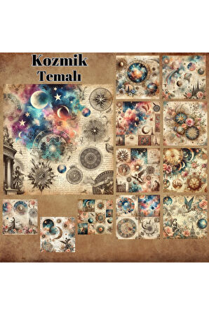 Kozmik Temalı Vintage 12 Adet Scrapbook Bullet Journal Mat Planlayıcı Sticker Etiket Seti