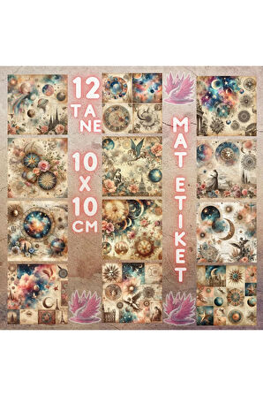 Kozmik Temalı Vintage 12 Adet Scrapbook Bullet Journal Mat Planlayıcı Sticker Etiket Seti