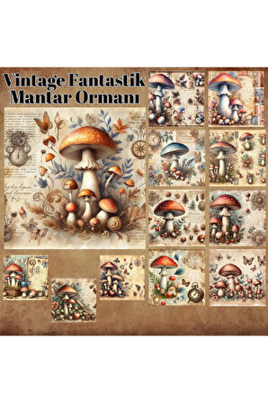Mantar Ormanı Vintage 12 Adet Scrapbook Bullet Journal Mat Planlayıcı Sticker Etiket Seti