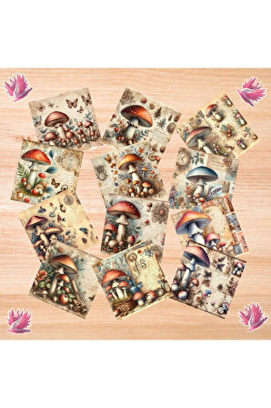 Mantar Ormanı Vintage 12 Adet Scrapbook Bullet Journal Mat Planlayıcı Sticker Etiket Seti