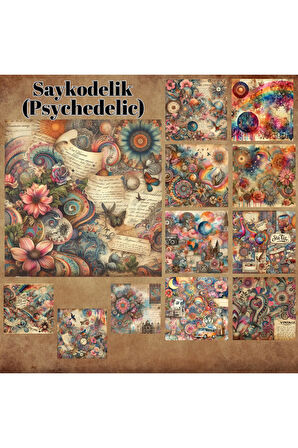 Saykodelik (PSYCHEDELİC) Temalı Vintage 12 Adet Scrapbook Bullet Journal Mat Sticker Etiket Seti