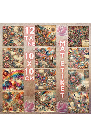 Saykodelik (PSYCHEDELİC) Temalı Vintage 12 Adet Scrapbook Bullet Journal Mat Sticker Etiket Seti