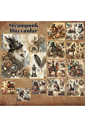 Steampunk Hayvanlar Vintage 12 Adet Scrapbook Bullet Journal Mat Planlayıcı Sticker Etiket Seti