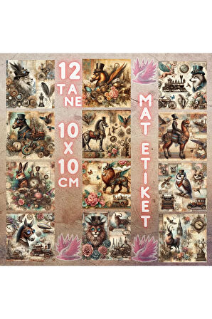 Steampunk Hayvanlar Vintage 12 Adet Scrapbook Bullet Journal Mat Planlayıcı Sticker Etiket Seti