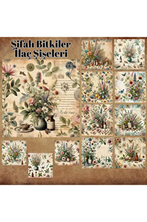 Şifalı Otlar Ve Ilaç Şişeleri Vintage 12 Adet Scrapbook Bullet Journal Mat Plan Sticker Etiket Seti