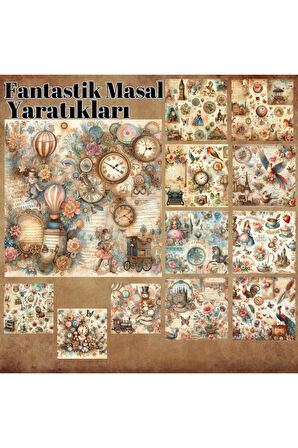 Fantastik Masal Yaratıkları Vintage 12 Adet Scrapbook Bullet Journal Mat Plan Sticker Etiket Seti