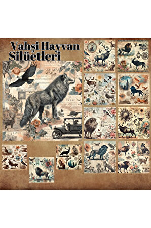 Vahşi Hayvan Silüetleri Vintage 12 Adet Scrapbook Bullet Journal Mat Planlayıcı Sticker Etiket Seti
