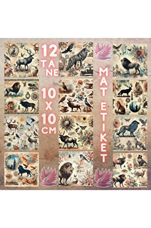 Vahşi Hayvan Silüetleri Vintage 12 Adet Scrapbook Bullet Journal Mat Planlayıcı Sticker Etiket Seti