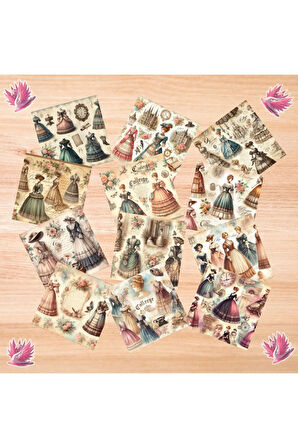 Viktorya Dönemi Kıyafetler Vintage 12 Adet Scrapbook Bullet Journal Mat Planlama Sticker Etiket Seti