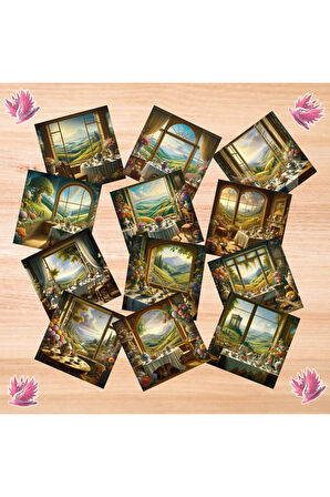 Pencere Önünde Çay Masası Vintage 12 Adet Scrapbook Bullet Journal Mat Planlayıcı Sticker Etiket Set