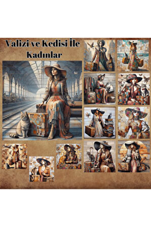 Valiz ve Kedisi İle Kadınlar Vintage 12 Adet Scrapbook Bullet Journal Mat Planlayıcı Sticker Etiket
