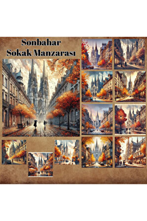 Sonbahar Sokak Manzaraları Vintage 12 Adet Scrapbook Bullet Journal Mat Planlayıcı Sticker Etiketler