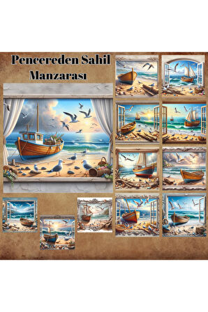 Pencereden Sahil Manzarası Vintage 12 Adet Scrapbook Bullet Journal Mat Planlayıc Sticker Etiket Set