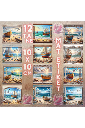 Pencereden Sahil Manzarası Vintage 12 Adet Scrapbook Bullet Journal Mat Planlayıc Sticker Etiket Set