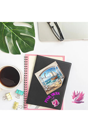 Pencereden Sahil Manzarası Vintage 12 Adet Scrapbook Bullet Journal Mat Planlayıc Sticker Etiket Set