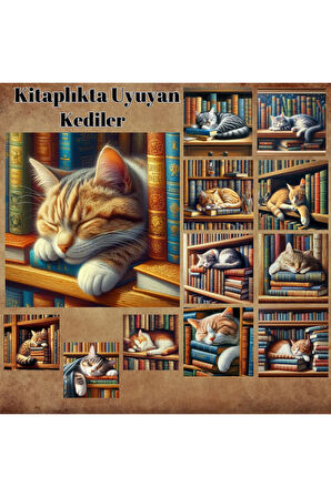 Kitaplıkta Uyuyan Kediler Vintage 12 Adet Scrapbook Bullet Journal Mat Planlayıcı Sticker Etiket Set