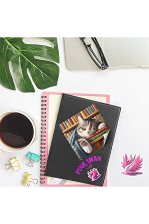 Kitaplıkta Uyuyan Kediler Vintage 12 Adet Scrapbook Bullet Journal Mat Planlayıcı Sticker Etiket Set
