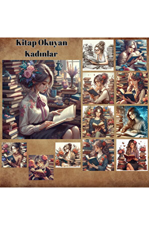 Kitap Okuyan Kadınlar Vintage 12 Adet Scrapbook Bullet Journal Mat Planlayıcı Sticker Etiket Seti