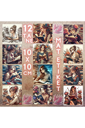 Kitap Okuyan Kadınlar Vintage 12 Adet Scrapbook Bullet Journal Mat Planlayıcı Sticker Etiket Seti