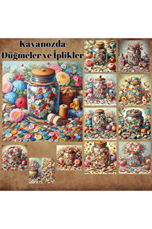 Kavanozda Düğmeler Vintage 12 Adet Scrapbook Bullet Journal Mat Planlayıcı Sticker Etiket Seti