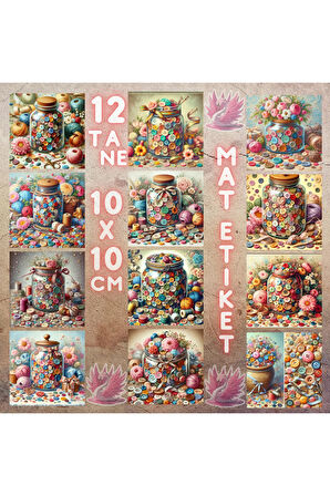Kavanozda Düğmeler Vintage 12 Adet Scrapbook Bullet Journal Mat Planlayıcı Sticker Etiket Seti