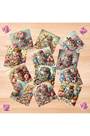 Kavanozda Düğmeler Vintage 12 Adet Scrapbook Bullet Journal Mat Planlayıcı Sticker Etiket Seti