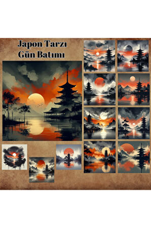 Japon Stili Gün Batımı Manzarası Vintage 12 Adet Scrapbook Bullet Journal Mat Planlı Sticker Etiket