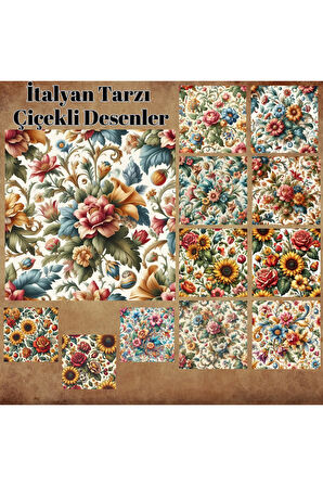İtalyan Tarzı Çiçekler Vintage 12 Adet Scrapbook Bullet Journal Mat Planlayıcı Sticker Etiket Seti