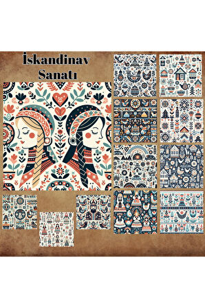 İskandinav Tarzı Halk Sanatı Vintage 12 Adet Scrapbook Bullet Journal Mat Planlı Sticker Etiket Set