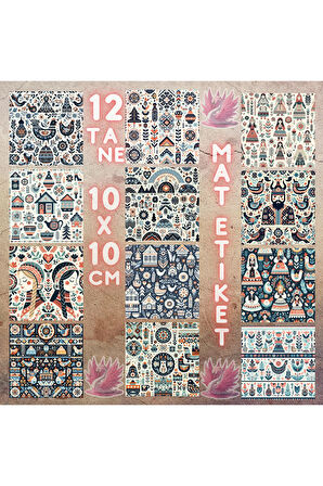 İskandinav Tarzı Halk Sanatı Vintage 12 Adet Scrapbook Bullet Journal Mat Planlı Sticker Etiket Set
