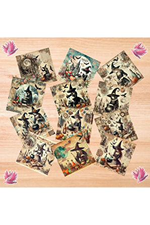 İksir Hazırlayan Cadılar Vintage 12 Adet Scrapbook Bullet Journal Mat Planlayıcı Sticker Etiket Seti
