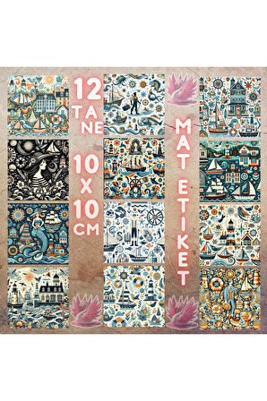 Deniz Temalı Desenler Vintage 12 Adet Scrapbook Bullet Journal Mat Planlayıcı Sticker Etiket Seti